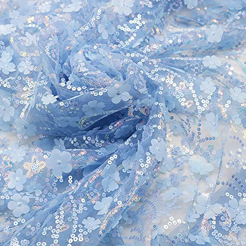 130cmx1 Yard Bestickter 3D-Pailletten-Blumen-Mesh-Stoff, Tüll Stoff für Hochzeit Geburtstag Weihnachten Fest Kommunion Party Deko,Nähen von Brautschleiern Hochzeitskleid Tischläufer Tutu Röcken,Blau