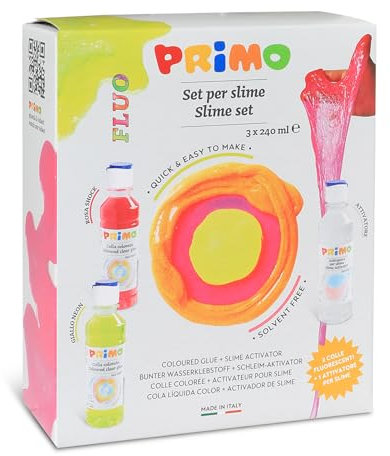 PRIMO - Colla Liquida Trasparente Colorata Ideale per Slime per Bambini, 2 Colle a Colori Fluo da 240 ml con Dosatore + Attivatore da 240 ml Set Valigetta Cartoleria per Lavoretti Creativi e Découpage