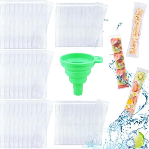 Lot de 120 sacs à glace jetables avec fermeture éclair et entonnoir pliable inclus pour yaourt, jus, smoothies de fruits et sucettes glacées