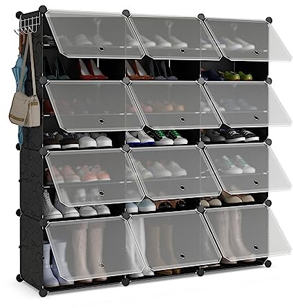 Multigot 12-Cube Shoe Rack, DIY Modular Shoe Storage Cabinet with Doors, Portable Closet Shelving Storage Organizer Unit for Entryway, Hallway, Closet (Black, 124 x 32 x 125cm)