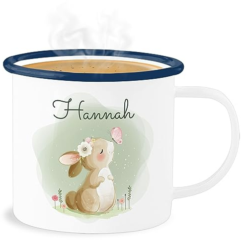 Emaille Becher Blechbecher - Süßer Hase mit Name personalisiert I Hasen Geschenk Bunny I Rabbit I Kaninchen - 300 ml - Weiß Blau - hasenbecher hasentasse hasenmotiv ostern tassen ostertasse