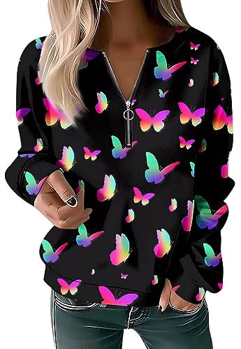 DHYUEN Oversized Hoodie Damen Kängurutasche Kapuzenpullover Damen Hoodie Reißverschluss Pullover Damen Damen Pullover Mode Hoodies Für Damen Warmer Sweatjacke Damen Ohne Kapuze Leichte(1-Black,L)