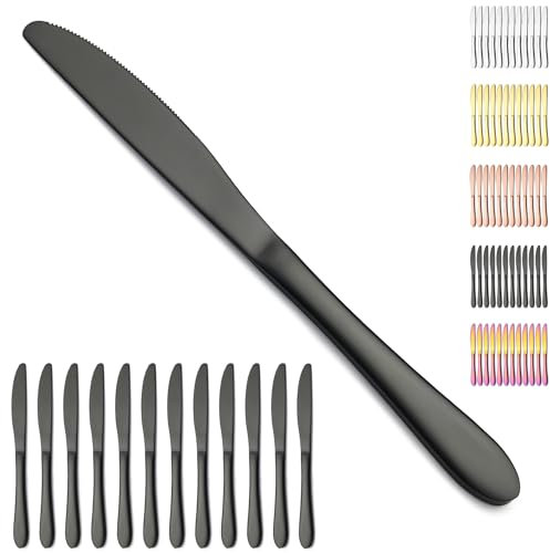 Berglander Schwarzes Tafelmesser-Set von 12-teilig, Titan schwarz beschichtet Edelstahl Buttermesser Speisemesser für Zuhause, Restaurant, Hotel, spülmaschinenfest