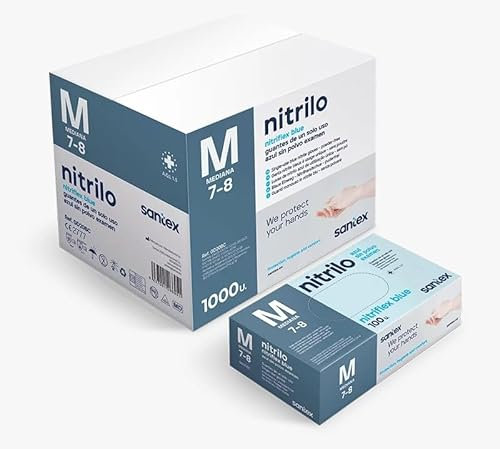 Grupo Mohedano Guantes Nitrilo Sin Polvo Azul, (EMBALAJE COMPLETO(10 CAJAS DE 100UD - 10.000 GUANTES), protección, elasticidad y suavidad. Guantes desechables disponibles en varias tallas (M)