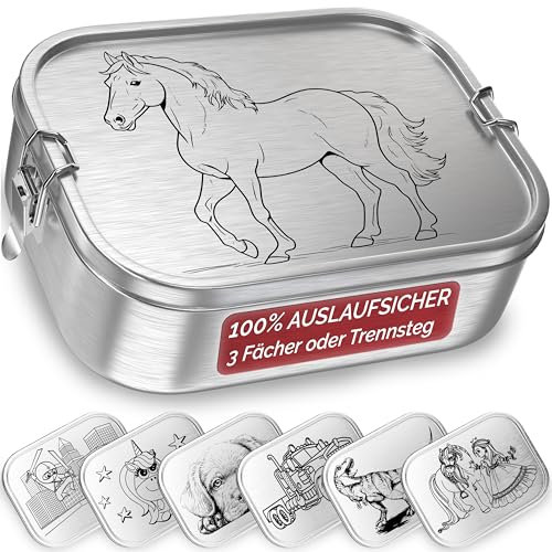 TAKWAY Edelstahl Brotdose Kinder mit Fächern 800ml | Auslaufsicher | Bento Box mit Unterteilung variabel | Jausenbox Brotbox Kindergarten Kita Schule (Pferd, Trennsteg)