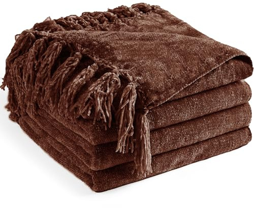 LONG CREATE Chenille-Überwurfdecke für Couch, 152 x 203 cm, weich, gemütlich, Überwurf mit Fransenquaste für Bett, Sofa, Stuhl, leicht, gestrickt, dekorative Boho-Decken für Wohnzimmer, Dunkelbraun