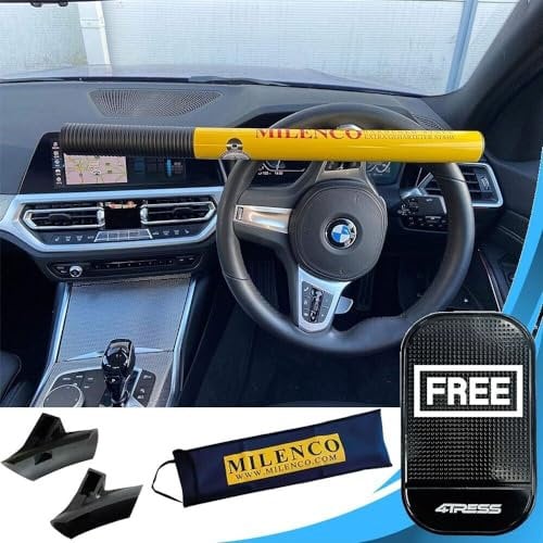 Milenco 4TRESS Design Steering Wheel Lock with Storage Bag & Dash Mat – Yellow High Visibility Anti-Theft Device (4T-ML-6798)