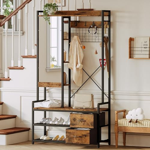 IRONCK Hall Tree with Bench and Shoe Storage, Entryway Coat Rack with Mirror, 5-Tier Shelves, Side Hooks, 2 Drawers for Hallway, Vintage Brown