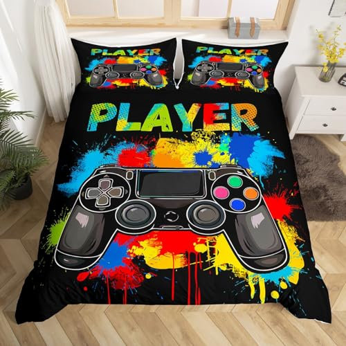 Homemissing Game Controller Housse de Couette 220x240cm Gaming Housse de Couette Adolescents Garçon Gamer Parure de Lit Noir Tie Dye Literie Set d'encre colorées Decor avec 2 taie d'oreiller 65x65cm