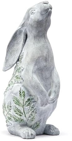 Napco Hase, grüner Farn, Pflanze, 30,5 x 14 x 14 cm, natürlicher grauer Kunstharzstein, Sammelfigur, Statue, Skulptur, für drinnen und draußen, Gartendekoration