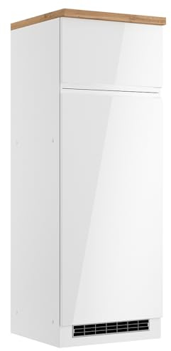 Lomadox Küchenschrank Umbauschrank für Kühl-/Gefrierkombination 60 cm, Hochglanz weiß, Arbeitsplatte Eiche