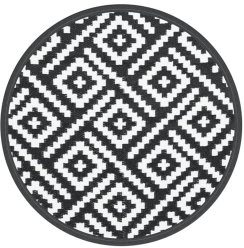 vidaXL Outdoor Teppich, Gartenteppich Rund Beidseitig, Balkonteppich Terrassenteppich UV-beständig, Teppich für Balkon Terrasse, Weiß Schwarz Ø120cm PP