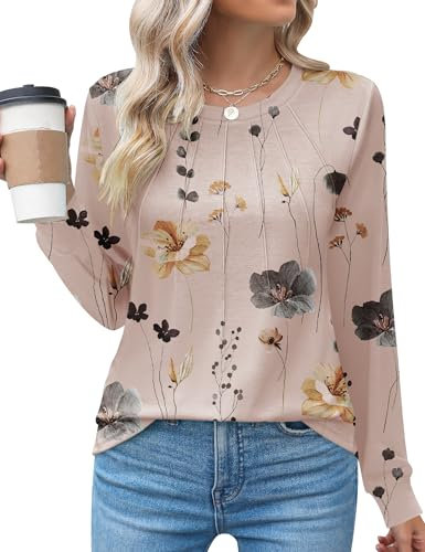 Rapbin Women's Going Out Tops Long Sleeve Casual Crew Neck T-Shirts Fashion Laides Pleated Holiday Blouses,Floral,M