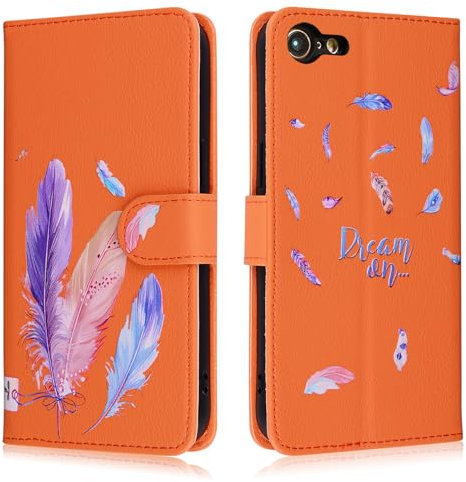 Aisenth Wallet Case for iPhone 7/8 (4.7 inch), Flip Case for iPhone SE 2nd/3rd Generation, Colorful Feather PU Leather Phone Cover for Girls, with Magnetic Closure, Kickstand, Card Slots, Orange