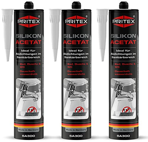 PRITEX – Sanitär Silikon Silbergrau 3 x 300 ml zum Abdichten & Verfugen – Acetat für Bad, Dusche & WC – wasserdicht, langlebig & schimmelresistent – Fugendichtmasse mit sehr guter Haftung