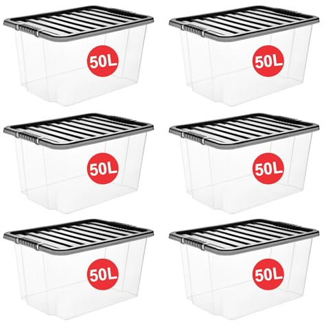 RelianceUK 50L Clear Plastic Storage Boxes with Lids(Black Lid, Pack of 6) 50 Litres Large Storage boxes with Lids Stackable Containers for Clothes Shoes Crafts - Ideal for Home Office Kitchen Garage