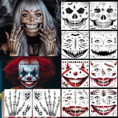 10 hojas de tatuaje de cara de Halloween con esqueleto, disfraz de Halloween para mujer y mujer, tatuaje espeluznante, tatuaje facial, tatuajes temporales, accesorios de Halloween (10 unidades)