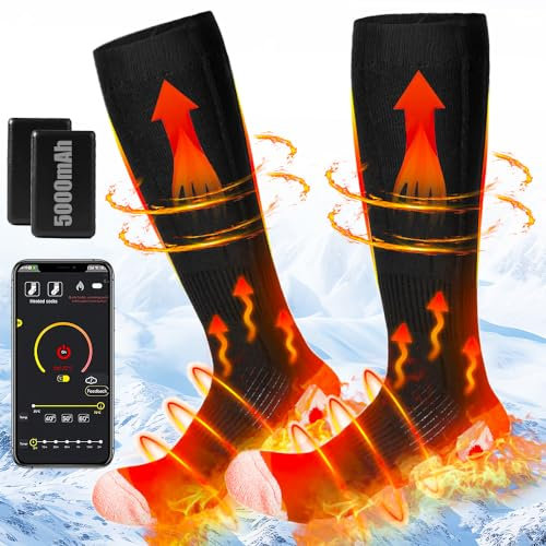 Clemas Chaussettes chauffantes pour Hommes et Femmes, Rechargeables avec Batterie 3,7V/5000mAh, contrôle Via Application et 3 réglages de Chauffage pour Le Ski, Camping d'hiver et randonnée.
