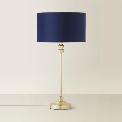 ValueLights | Gold Metal Candlestick Table Lamp with Navy Blue Velvet Drum Shade Bedside Light | Table Lamps, Home Décor & Improvement Essential