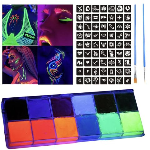 12 Couleurs UV Eyeliner Comprend 63 Modèlesavec 2 Pinceaux,Lavables Non Toxiques Bâton de Peinture au Néon UV de Maquillage pour Enfants et Adultes pour Halloween,Carnaval,Fête d'anniversaire,Noël-c