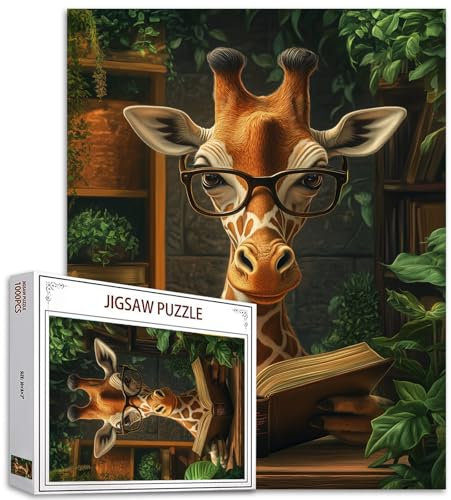 Giraffe Reading Books 1000 Piece Jigsaw Puzzle for Adults Animal with Glasses in Library Jigsaw Puzzles Hard Difficult Challenging Family Activity Game Nights DIY Handwork Puzzles Home Decor Gifts