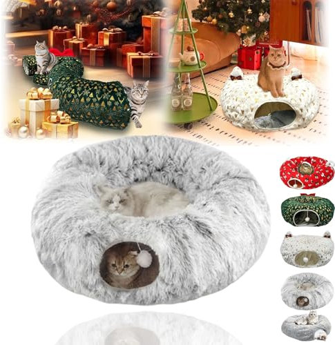 Tunnel pour Chat en Forme d'arbre de Noël, Tunnel pour Chat sous l'arbre de Noël, lit Tunnel en Peluche Chaude avec Boule de Jouet Jupe d'arbre de Noël pour Chats de Taille Moyenne et Petite (Gris)