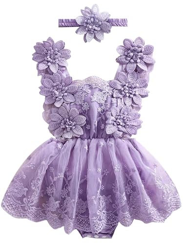 ZZLBUF Newborn Baby Girl Clothes Infant Flower Lace Tutu Romper Dress Ruffle Sleeveless Bodysuit Cake Smash Outfits (Flower Violet, 12-18 Months)