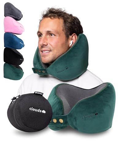 CLOUDS Nackenkissen Flugzeug & Auto – Einstellbares Memory Foam Reisekissen in 2 Größen für Erwachsene - Atmungsaktiver- extraweicher Bezug in 5 Farben (Grün, L/XL)