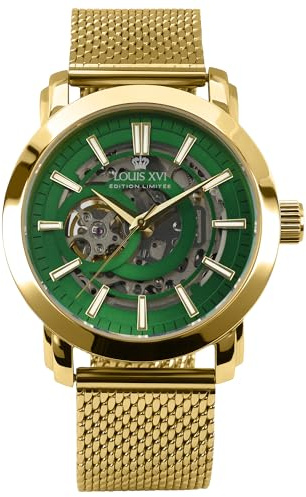 LOUIS XVI Versailles 2.0 Automatik 1902 - Ø 43.5 mm - Herren Uhr - Wasserdicht - Skelettuhr - Armband Gold - Zifferblatt Grün – Automatikuhr