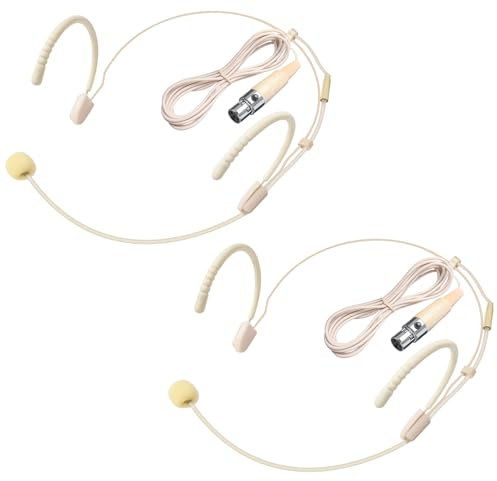 2 Pack Headset Microphone for Singing Double Over Ear Earset 4 Pin Mini XLR Ta4f Plug Mic 1.5m Cable and Windscreen Head Hanging Condenser Omnidirectional Mic Compatible with Shure,Beige