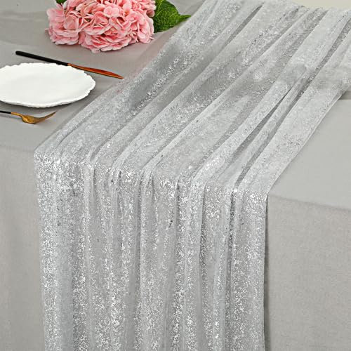 Ptwola Glänzend Silber Tischläufer Durchsichtig Pailletten Metallische Folie Chiffon Tüll Käsetuch Gaze Boho Tischdekoration für Brautparty, Geburtstag, Weihnachten, Party Dekoration