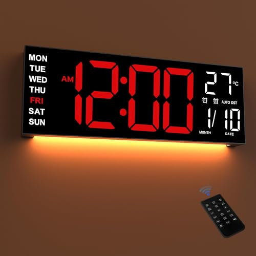 Mee 2ou 16,5 Große LED Digital Wanduhr mit Nachtlicht, Automatischer Dimmfunktion, 2 Weckern, 8 RGB-Farben, Temperaturanzeige, Fernbedienung, 12/24 Std., Timer für Wohnzimmer, Schlafzimmer, Büro