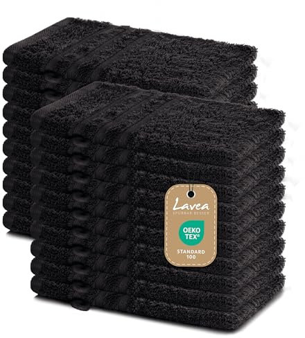 Lavea Elena Lot de 20 Gants de Toilette 15 x 21 cm – Gants de Toilette absorbants et Doux en 100% Coton – Gants de Toilette lavables et durables – Noir
