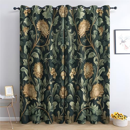 zcwl Chrysanthemum Curtains for Bedroom Living Room, Floral Dark Green Patterned Blackout Curtains, Thermal Insulated Eyelet Curtain, 90 Drop Window Treatments Drapes, 46x90 Inch (W x L), 2 Panels