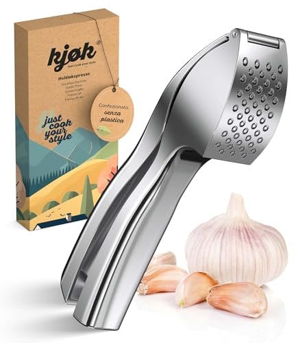 kjøk Premium Schiacciaglio – Lega di zinco, cromata lucida – Pressa per aglio professionale, lavabile in lavastoviglie, pratica & dal design elegante – Garlic Pro Press, facile da pulire