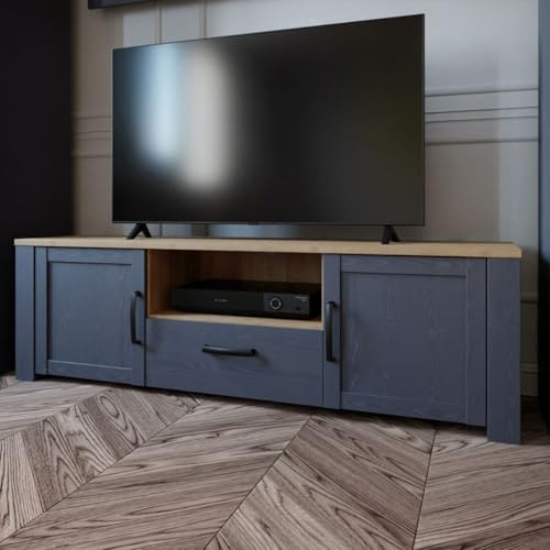 Modern Wooden Riviera Oak TV Cabinet With 2 Doors & Drawer | Wood Tele Stand, Media Entertainment Unit, Living Room Furniture, TV Stands (Navy)