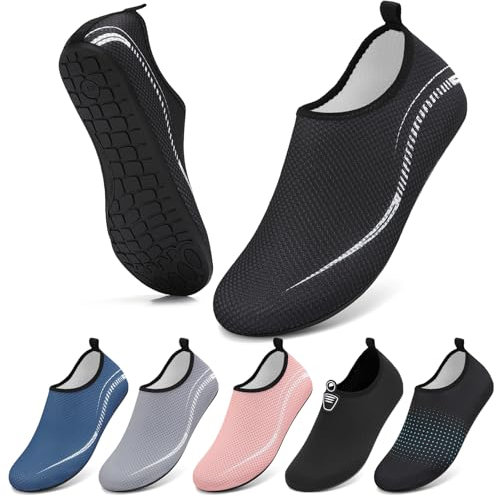 BARFULKER Wasserschuhe Damen Herren Badeschuhe Schwimmschuhe Schnell Trocknend Aquaschuhe rutschfeste Strandschuhe Surfschuhe Barfußschuhe Beach Pool Unisex(Linien Schwarz 38 EU)