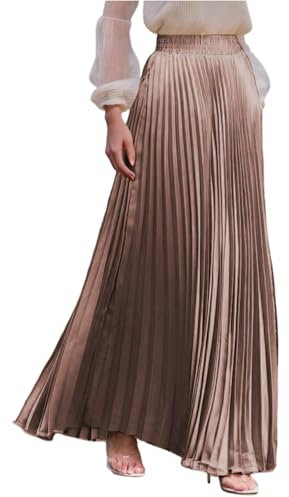Hosenrock Damen Lang Einfarbig Urlaub Abendkleid Kleidung Sommer Flowy Plisseerock Trachtenrock Bohemien Rock Sommer Plissee Rock Elastischer Bund Tennisrock Damen Mit Hose(2-Champagne,XL)
