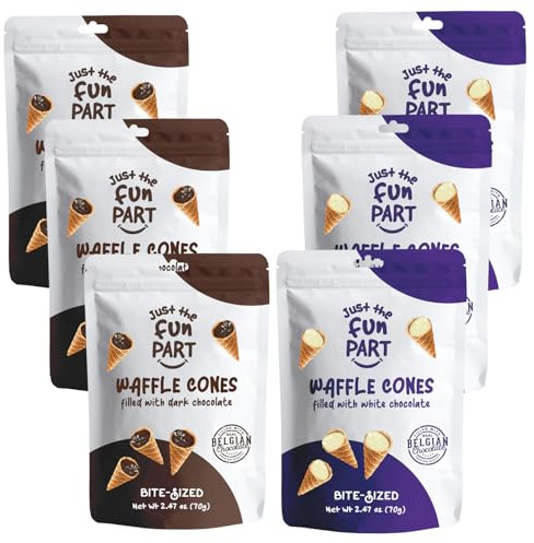 Just The Fun Part Waffle Cones with Premium Belgian Chocolate Variety Pack - Chocolate Filled Bite Sized Crispy Mini Wafers Cone Ready to Eat Snack Box for Kids (Pack of 6 (70gm), Variety Pack 4)