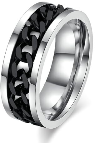 Bishilin Herren Ringe Edelstahl Punk, Ring Personalisiert 8MM Spinner mit Kette Partnerringe Männer Ringe Nickelfrei Silber Schwarz Größe 75 (23.9)