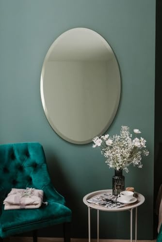 MirrorOutlet The Ovale - Large Frameless Oval Pond Bevelled Wall Mirror 24 X 16 (60cm X 40cm) Silver Mirror Glass On A Black Backing.