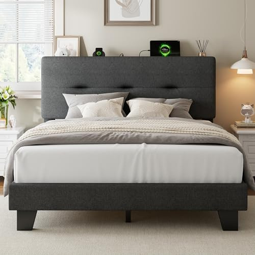 Feonase Double Bed Frame with Charging Station, Linen Upholstered Platform Bed Frame Double Beds with Storage Headboard, Wooden Slat Support, Noise Free, Easy Assembly, Dark gray