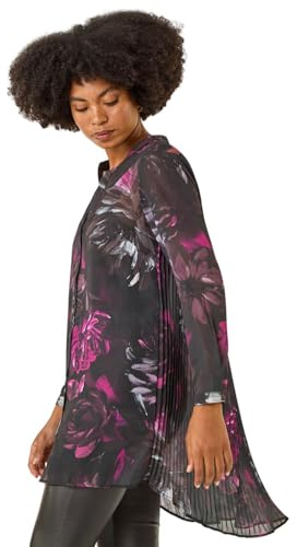 Roman Originals Floral Print Pleated Back Blouse for Women UK - Ladies Everyday Autumn Winter V-Neckline Comfy Soft Evening Vacation Work Party Night Out - Black - Size 16