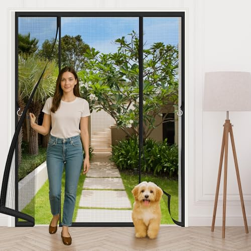 Magnetic Fly Screen for Double Doors 155x190cm,Heavy Duty Self-Closing Full Frame Mesh with Insect Proof & No-Tools Hook & Loop Installation for Patio Sliding French Doors, Black