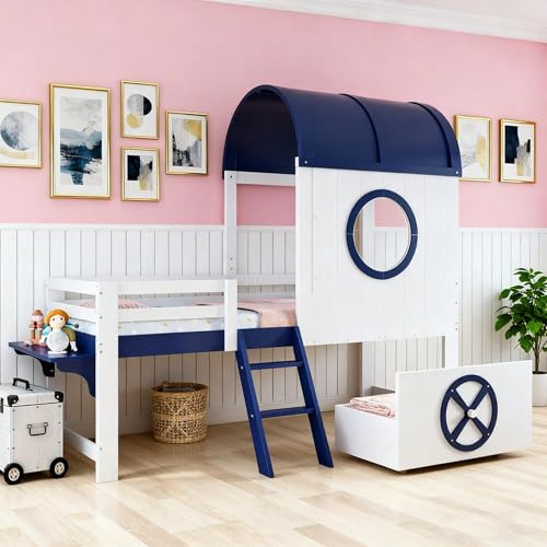 Etagenbett Kinderbett 90x200 cm – Halbhoch mit Dach & Fenster, Schublade auf Rollen, 2-stufige Schrägleiter – Weiß & Dunkelblau (Kiefer/MDF/Sperrholz)