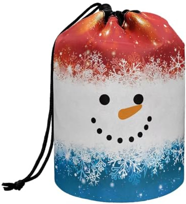 Wnbucioht Xmas Snowman Drawstring Barrel Makeup Bag Women Girls Travel Cosmetic Bags Foldable Travel Stand up Makeup Bag Christmas Toiletry Bucket Bags Round Organizer