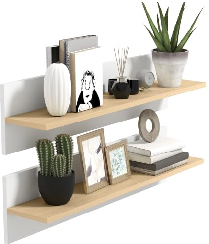 HOMCOM Wandregal 2er-Set Schweberegal 80 x 16,5 x 20 cm Weiß+Naturholz | Wandboard, Regalbrett zur Präsentation, für Küche, Wohnzimmer, Badezimmer