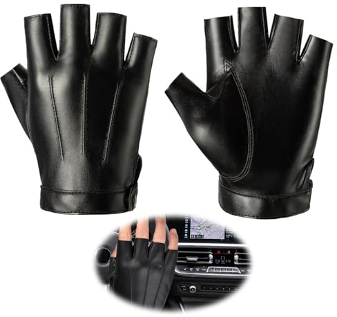 Fingerlose Lederhandschuhe Schwarz Autofahren Radfahren Biker Outdoor | Echtleder geschmeidig weich, Halbfinger frei beweglich, rutschfest griffig, atmungsaktiv Sommer, Motorrad Sport