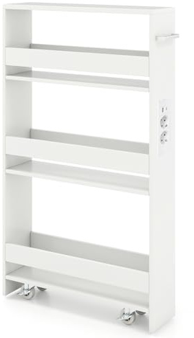 GIANTEX Nischenregal 13cm breit, Nischenschrank Nischenwagen mit Ladestation, Küchenregal auf Rollen, schmaler Küchenschrank Küchenwagen, Badregal Rollwagen Holz 4 Etagen, Schmales Regal für Küche