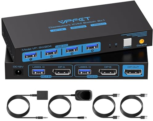 8K@60Hz Displayport Kvm Switch 1 Monitors 2 Computers USB 3.0 DP1.4 Kvm Switches Display Port for Two Computers Share Single Screen Mouse Keyboard and 2 Additional Peripherals